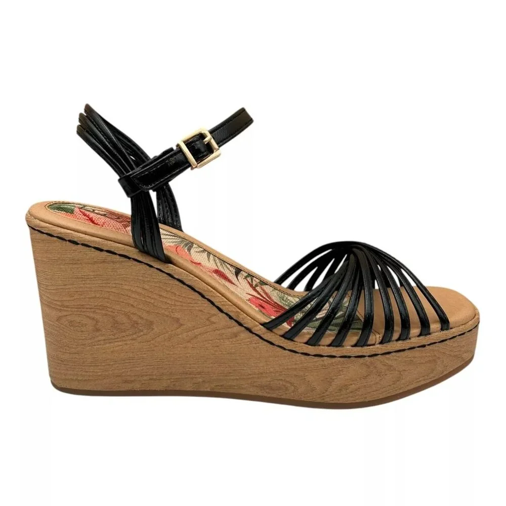 BOC Catalina Women's Platform Wedge Sandal Size 7 Black/Tan Glossy Straps‎ Twist